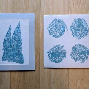 Vintage Handmade Brass Rubbing Pair - Angel & Four Evangelistic Symbols - Aqua